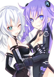 10s 2girls ;o ahoge aqua_eyes bare_shoulders black_heart_(neptunia) blue_eyes blush bodysuit braid breasts claws cleavage cleavage_cutout closed_eyes clothing_cutout cowboy_shot elbow_gloves female_focus from_side gauntlets gloves green_eyes gust hair_ornament halterneck hug leotard light_smile long_hair looking_at_viewer magical_girl mikan_no_shiru multiple_girls neptune_(neptunia) neptune_(series) nippon_ichi noire_(neptunia) one_eye_closed open_mouth power_symbol power_symbol-shaped_pupils purple_hair purple_heart_(neptunia) sega sideboob simple_background smile symbol-shaped_pupils turtleneck twin_braids wavy_hair white_background white_hair wince wink ykkk yuri