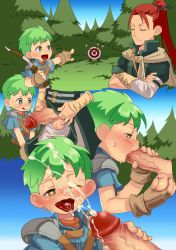  2boys absurdres age_difference archery arrow_(projectile) autumn_snow blush bow cum erection facial fire_emblem fire_emblem:_path_of_radiance forest gloves green_eyes green_hair groping highres large_penis male_focus multiple_boys nature nintendo oral penis red_hair rolf rolf_(fire_emblem) shinon_(fire_emblem) shota smile teacher testicles tongue tongue_out yaoi  rating:Explicit score:255 user:BlueAkito