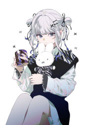  1girl absurdres animal_print bare_legs black_coat black_ribbon blue_hair coat colored_tips commentary_request cup feet_out_of_frame grey_eyes hair_ornament hair_ribbon hairclip highres holding holding_cup holding_stuffed_toy kazari_tayu knees_up looking_at_viewer miffy miffy_(character) multicolored_hair original pout ribbon shirt simple_background skirt stuffed_animal stuffed_rabbit stuffed_toy two_side_up undershirt white_background white_hair white_shirt white_skirt x_hair_ornament zebra_print 