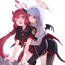  2girls all_fours bed_sheet biting biting_ear black_footwear black_horns black_pantyhose black_shirt black_skirt black_wings blue_archive blunt_tresses braid commentary_request ddangbi demon_girl demon_horns demon_wings drooling halo haruna_(blue_archive) highres horns hug hug_from_behind junko_(blue_archive) low_wings miniskirt mouth_drool multiple_girls necktie one_eye_closed pantyhose pink_eyes pink_halo pointy_ears red_eyes red_hair red_halo red_necktie red_skirt red_wings sheet_grab shirt short_sleeves single_braid single_wing skirt slit_pupils twintails white_hair white_shirt wings yuri 