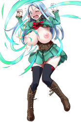  1girl 774_(nanashi) arms_up blue_eyes blue_hair blush boots breastless_clothes breasts corset dress elf eruru_(774) flying_sweatdrops full-face_blush full_body highres huge_breasts knee_boots long_hair matching_hair/eyes nipples one_eye_closed open_mouth original pointy_ears simple_background solo sparkle sweatdrop thighhighs white_background wince  rating:Questionable score:67 user:danbooru