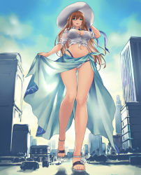  1girl bikini blouse blue_bikini blush breasts brown_hair building city giant giantess girls&#039;_frontline gluteal_fold green_eyes hat highres large_breasts long_hair motor_vehicle navel official_alternate_costume open_mouth outdoors sandals sarong see-through see-through_shirt shirt size_difference skindentation solo springfield_(girls&#039;_frontline) springfield_(stirring_mermaid)_(girls&#039;_frontline) sun_hat swimsuit teston truck white_shirt 