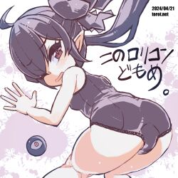  1girl ahoge ass backbeako_(torotei) backbeard black_hair black_ribbon blush breasts commentary dated dated_commentary from_behind gegege_no_kitarou hair_over_one_eye hair_ribbon kono_lolicon_domome loli long_hair looking_at_viewer looking_back one_eye_closed open_mouth original paid_reward_available pointy_ears red_eyes ribbon school_swimsuit simple_background small_breasts solo splatter_background swimsuit torotei translated twintails watermark web_address white_background 