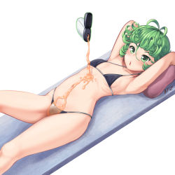  1girl arms_up batazungharn bikini black_bikini breasts curly_hair green_eyes green_hair highres lotion lotion_bottle lube lying navel on_back one-punch_man open_mouth pillow short_hair small_breasts solo stomach string_bikini swimsuit tatsumaki  rating:Questionable score:55 user:danbooru