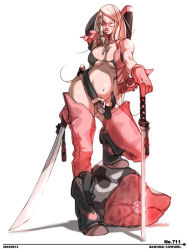  1girl belt bikini black_eyes boots breasts chaps cowboy_hat falcoon food fringe_trim glasses gloves hat large_breasts long_hair meat original pink_hair samurai solo swimsuit sword very_long_hair weapon cowboy_western wide_hips  rating:Questionable score:27 user:fine_tax