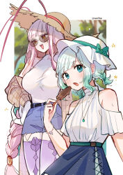  2girls antenna_hair arthropod_girl bare_shoulders blue_eyes blunt_bangs blush bracelet breasts clothing_cutout cockroach_girl dress fang food gradient_hair green_hair hakamii hat highres holding holding_food holding_popsicle indie_virtual_youtuber jewelry large_breasts long_hair looking_at_viewer matara_kan mint_fantome monster_girl multicolored_hair multiple_girls open_mouth pink_hair popsicle red_eyes shoulder_cutout smile very_long_hair virtual_youtuber vshojo white_hair 