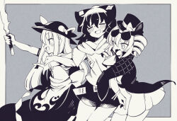  3girls bangle blush bow bracelet closed_eyes coat collarbone dress drill_hair eyewear_on_head fruit_hat_ornament fuukadia_(narcolepsy) greyscale hair_between_eyes hair_bow hat hat_ornament hinanawi_tenshi holding holding_sword holding_weapon hood hoodie jewelry long_hair monochrome multiple_girls open_clothes open_coat open_mouth peach_hat_ornament round_eyewear shirt short_sleeves siblings sisters skirt smile sunglasses sword sword_of_hisou top_hat touhou twin_drills twintails weapon yorigami_jo&#039;on yorigami_shion 