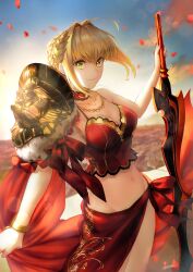  1girl armor blonde_hair braid braided_ponytail camisole fate/extra fate/grand_order fate_(series) green_eyes highres holding holding_sword holding_weapon jewelry kankitsurui_(house_of_citrus) nero_claudius_(fate) nero_claudius_(fate)_(all) nero_claudius_(fate/extra) red_camisole short_hair shoulder_armor skirt sword weapon 