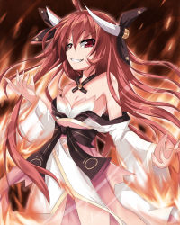 10s 1girl ahoge armpits bare_shoulders bin1998 breasts date_a_live dress evil_grin evil_smile fire fire grin hair_ornament itsuka_kotori long_hair looking_at_viewer red_eyes red_hair small_breasts smile solo strapless strapless_dress teeth twintails very_long_hair white_dress wide_sleeves rating:Sensitive score:19 user:danbooru