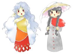  2girls :d ;o ajirogasa bare_shoulders blue_hair braid collarbone diamond_cutout dress flat_chest grabbing_own_hair grey_dress grey_hair hand_up hat light_blue_hair long_earlobes long_hair long_sleeves multicolored_clothes multicolored_dress multiple_girls nonamejd official_style one_eye_closed open_mouth orange_dress red_dress red_eyes sakata_nemuno simple_background single_strap smile touhou twin_braids uneven_eyes wavy_hair white_background yatadera_narumi yellow_dress yellow_headwear zun_(style) 