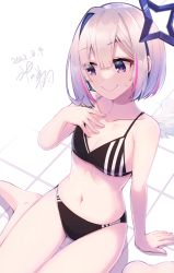  1girl adidas amane_kanata angel angel_wings arm_support bikini black_bikini blue_hair blush bob_cut breasts colored_inner_hair embarrassed feathered_wings from_above grey_hair hair_over_one_eye halo hand_on_own_chest highres hikawa_shou hololive looking_at_viewer looking_to_the_side looking_up multicolored_hair navel pink_hair poolside purple_eyes short_hair sideways_glance single_hair_intake sitting small_breasts solo star_halo striped_bikini striped_clothes sweatdrop swimsuit thigh_gap vertical-striped_bikini vertical-striped_clothes virtual_youtuber wariza white_wings wings  rating:Sensitive score:16 user:danbooru