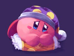  blush_stickers copy_ability deleca7755 hat highres kirby kirby_(series) looking_at_viewer nightcap nintendo no_humans pillow pom_pom_(clothes) purple_background simple_background sleep_kirby solo tears 