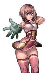  1girl armlet blue_eyes breasts corset dress final_fantasy final_fantasy_xiii final_fantasy_xiii-2 gloves green_gloves highres kelvin_hiu looking_at_viewer outstretched_hand pink_dress pink_thighhighs serah_farron short_dress short_hair side_ponytail skindentation small_breasts solo thighhighs white_background  rating:Sensitive score:32 user:danbooru