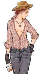  1girl alcohol blouse blue_eyes blush bottle breasts buttons cleavage collarbone cowboy_hat cowboy_shot fallout_(series) fallout:_new_vegas gloves hand_on_own_hip hat jewelry looking_away medium_breasts necklace pants profile red_hair rose_of_sharon_cassidy shirt simple_background solo unbuttoned whiskey white_background y_(chos)  rating:Questionable score:72 user:violetnyx