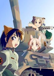  animal_ears army artist_request black_hair brown_eyes brown_hair cat_ears dog_ears military military_vehicle motor_vehicle pink_eyes pink_hair short_hair source_request tank uniform vehicle  rating:Sensitive score:5 user:Anonymous