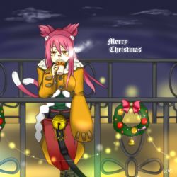 1girl animal_ears animal_hands bell belt blazblue boots cat_ears cat_tail coffee glasses gloves jacket knee_boots kokonoe_(blazblue) long_hair merry_christmas multiple_tails pants pantyhose paw_gloves pibiko pince-nez pink_hair ponytail railing red_pants solo tail yellow_eyes
