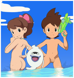  1girl 2boys amano_keita arm_up ass back bad_tag bare_back beach black_eyes bow brown_hair closed_mouth cloud cloudy_sky completely_nude druwp finger_to_cheek from_behind frown ghost glaring hair_bow hair_ribbon hand_on_own_hip highres holding holding_toy kodama_fumika level-5 loli long_hair looking_at_viewer looking_back multiple_boys navel nipples nude ocean open_mouth outdoors partially_submerged penis ponytail ribbon short_hair shota sky smile spiked_hair spirit standing testicles tongue topless topless_male toy toy_gun wading water water_gun wet whisper_(youkai_watch) youkai_watch 