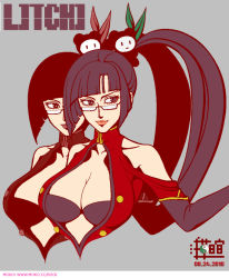  1girl arc_system_works asakusa_xuan bare_shoulders black_bra black_eyes black_hair blazblue blazblue:_calamity_trigger bra breasts china_dress chinese_clothes cleavage dress female_focus glasses lao_jiu large_breasts lingerie litchi_faye_ling long_hair ponytail simple_background solo underwear 