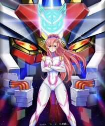  1girl blue_eyes bodysuit breasts closed_mouth commentary_request covered_navel crossed_arms dated feet_out_of_frame g_gundam glowing glowing_eyes gluteal_fold gunbuster_pose gundam gundam_seed gundam_seed_freedom hair_ornament hairclip high_ponytail highres impossible_bodysuit impossible_clothes insignia lacus_clyne large_breasts legs_apart long_hair looking_at_viewer mecha michi_kuso mighty_strike_freedom_gundam mobile_suit mobile_trace_suit multicolored_bodysuit multicolored_clothes pink_bodysuit pink_hair ponytail robot science_fiction shiny_clothes skin_tight standing strike_freedom_gundam two-tone_bodysuit v-fin v-shaped_eyebrows very_long_hair white_bodysuit yellow_eyes 