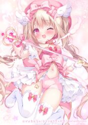  1girl ;d beret boots full_body hat light_brown_hair magical_girl one_eye_closed open_mouth original pink_eyes pink_headwear piyodera_mucha smile thigh_boots 