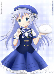  1girl :o absurdres angora_rabbit animal artist_name beret blue_bow blue_dress blue_eyes blue_hair blue_hat bow character_name commentary_request copyright_name dated dress gochuumon_wa_usagi_desu_ka? hair_ornament hat hat_bow highres holding holding_animal index_finger_raised kafuu_chino long_hair looking_at_viewer open_mouth painter-lhb puffy_short_sleeves puffy_sleeves rabbit short_sleeves signature solo striped_bow tippy_(gochiusa) translated white_bow wrist_cuffs  rating:General score:1 user:danbooru