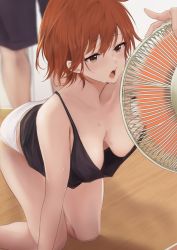 1girl akito_(d30n26) bare_shoulders bent_over breasts brown_eyes brown_hair commentary_request downblouse electric_fan hanging_breasts highres hot indoors kneeling large_breasts medium_breasts no_bra off_shoulder open_mouth original short_hair shorts solo_focus sweat tank_top rating:Questionable score:90 user:danbooru