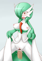  blush breasts censored clothes_lift colored_skin creatures_(company) cum cum_in_pussy dress dress_lift game_freak gardevoir gen_3_pokemon green_hair hair_over_one_eye interspecies inverted_nipples neichii nintendo nipples open_mouth penis pokemon pokemon_(creature) pussy red_eyes sex simple_background vaginal white_skin  rating:Explicit score:75 user:phillips66