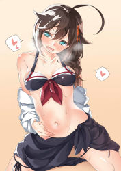 10s 1girl ahoge arm_behind_back bad_id bad_twitter_id bikini blue_eyes blush breasts brown_hair clothes_down collarbone cowboy_shot drooling ebifurya front-tie_bikini_top front-tie_top hair_between_eyes hair_flaps hair_ornament hand_on_own_stomach head_tilt heart heart-shaped_pupils heavy_breathing highres inactive_account kantai_collection long_sleeves looking_at_viewer medium_breasts navel no_panties open_mouth orange_background panties panty_pull saliva sarong shigure_(kancolle) side-tie_bikini_bottom simple_background solo_focus spoken_heart stomach straddling sweat swimsuit symbol-shaped_pupils underwear untied_bikini rating:Questionable score:23 user:danbooru