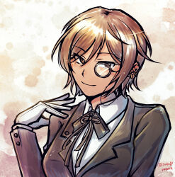  black_bow black_bowtie black_jacket bow bowtie brown_eyes brown_hair closed_mouth dark-skinned_female dark_skin earrings formal gloves highres isurugiratone jacket jewelry limbus_company looking_at_viewer monocle multiple_earrings outis_(project_moon) project_moon shirt short_hair smile upper_body white_gloves white_shirt  rating:General score:4 user:danbooru
