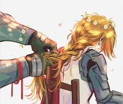  2boys alphonse_elric andythelemon blonde_hair bracelet braid braided_ponytail braiding_hair brothers chair edward_elric facing_away flower flower_bracelet flower_on_head flower_wreath fullmetal_alchemist hair_ribbon hairdressing head_out_of_frame head_wreath highres jewelry long_hair male_focus mechanical_arms multiple_boys pale_skin prosthesis prosthetic_arm red_ribbon ribbon siblings single_mechanical_arm sitting topless topless_male white_background 