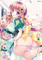 1girl :d anus apron ass blush bow breasts brown_hair cameltoe cleavage_cutout cleft_of_venus clothing_cutout dress flower frills garter_straps green_dress hair_between_eyes hair_flower hair_ornament hair_ribbon highres indoors long_hair looking_at_viewer low_twintails maid maid_apron maid_headdress melonbooks mikeou open_mouth original panties puffy_short_sleeves puffy_sleeves purple_eyes purple_panties ribbon short_sleeves smile solo sparkle striped_clothes striped_panties sunflower thighhighs twintails underwear very_long_hair waist_apron white_thighhighs wrist_cuffs yellow_bow rating:Explicit score:15 user:danbooru