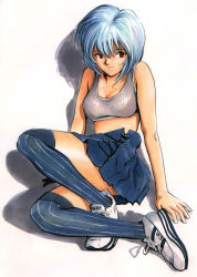  1girl ayanami_rei bare_shoulders blue_hair breasts female_focus highres looking_at_viewer medium_breasts neon_genesis_evangelion red_eyes short_hair sitting skirt solo sports_bra striped_clothes striped_thighhighs thighhighs white_background  rating:Sensitive score:23 user:baquea