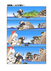  6+girls =_= ^_^ abyssal_ship aged_down akagi_(kancolle) arm_guards bag bento bikini black_hair blue_sky blunt_bangs braid brown_eyes brown_hair building cannon chibi closed_eyes collar comic commentary_request crab crop_top detached_sleeves falling food-themed_pillow green_hair grey_hair ha-class_destroyer hair_ornament hair_ribbon hairclip haruna_(kancolle) headgear hermit_crab hiding highres hisahiko horns i-class_destroyer kaga_(kancolle) kantai_collection katsuragi_(kancolle) kitakami_(kancolle) long_hair long_sleeves mountain multiple_girls nagato_(kancolle) ni-class_destroyer nontraditional_miko northern_ocean_princess hugging_object ocean open_mouth orange_eyes own_hands_together pillow pillow_hug plastic_bag ponytail ribbon rigging ro-class_destroyer rock scar short_sleeves side_ponytail sky smile southern_ocean_war_princess squatting standing standing_on_liquid sweatdrop swimsuit thighhighs translation_request twintails waving white_hair wide_sleeves zuikaku_(kancolle) 