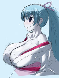 1girl aoi_(gegege_no_kitarou) aoi_nagisa_(metalder) areola_slip bare_shoulders black_eyes blue_background blue_eyes blue_hair blue_skin blush breasts cleavage colored_skin covered_erect_nipples embarrassed from_side gegege_no_kitarou hair_ribbon high_ponytail highres huge_breasts japanese_clothes kimono long_hair long_sleeves looking_at_viewer looking_back nipples no_bra nose_blush obi off_shoulder parted_lips ponytail profile ribbon sash sketch sweat toei_animation upper_body very_long_hair yuki_onna rating:Questionable score:43 user:danbooru