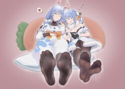  2girls absurdres blue_hair blush braid closed_eyes feet highres hololive long_hair looking_at_viewer mother_and_daughter multicolored_hair multiple_girls one_eye_closed open_mouth pantyhose pekomama red_eyes sleeping soles toes twin_braids two-tone_hair usada_pekora 