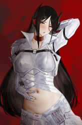  arknights arm_behind_head arm_up armor black_hair blush chest_harness groin harness highres horns ines_(arknights) long_hair looking_at_viewer navel no_panties official_alternate_costume sawaki_ken stomach sweat symbol-shaped_pupils yellow_eyes 