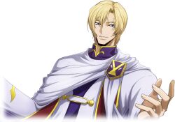 1boy artist_request blonde_hair blue_eyes cloak code_geass code_geass:_lost_stories cropped_torso game_cg hair_between_eyes half-closed_eyes hands_up long_sleeves looking_at_viewer male_focus non-web_source official_art parted_lips purple_robe robe schneizel_el_britannia short_hair sidelocks simple_background smile solo teeth transparent_background upper_body white_cloak
