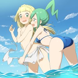 2girls :d arm_around_waist ass bare_arms bare_shoulders bikini bikini_skirt blonde_hair blue_bikini blue_sky blush braid breasts collarbone commentary commission covering_breasts covering_privates creatures_(company) crown_braid day english_commentary flat_chest game_freak green_eyes green_hair highres holding leaning_forward lillie_(pokemon) lisia_(pokemon) long_hair medium_breasts multiple_girls nintendo nose_blush open_mouth outdoors pixiv_commission pokemon pokemon_oras pokemon_sm ponytail sidelocks sky smile suitenan swimsuit topless unworn_bikini_top wading water white_bikini yuri  rating:Questionable score:197 user:danbooru