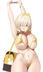  1girl arms_up bag bikini blonde_hair breasts colored_inner_hair elegg_(nikke) goddess_of_victory:_nikke gold_bikini gold_bracelet gold_choker hair_intakes hair_over_one_eye handbag highres huge_breasts micro_bikini multicolored_hair navel o-ring o-ring_bikini open_mouth purple_eyes revealing_clothes short_hair simple_background skindentation solo stomach stretching swimsuit tachibana-san wet white_background  rating:Questionable score:30 user:danbooru
