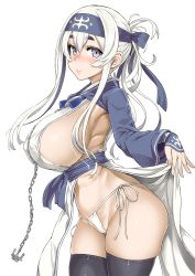 10s 1girl ainu_clothes anchor asanagi black_thighhighs blue_eyes blush breasts chain cowboy_shot headband highres huge_breasts kamoi_(kancolle) kantai_collection large_breasts long_hair long_sleeves looking_at_viewer panties revealing_clothes side-tie_panties sideboob sidelocks simple_background skindentation smile solo thick_eyebrows thighhighs thighs underwear white_background white_hair white_panties rating:Questionable score:99 user:danbooru