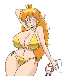 1boy 1girl bikini blonde_hair blue_eyes blush breasts cleavage crown earrings gold_bikini heart huge_breasts jewelry long_hair looking_at_viewer mario_(series) navel nintendo one_eye_closed princess_peach smile swimsuit thick_thighs thighs toad_(mario) white_background wide_hips wink