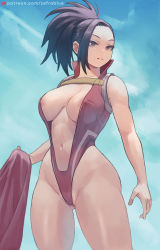  1girl areola_slip bare_shoulders black_hair boku_no_hero_academia breasts brown_eyes cleavage cleavage_cutout clothing_cutout collar covered_erect_nipples gluteal_fold highleg highleg_leotard highres large_breasts leotard looking_away navel navel_cutout parted_bangs ponytail revealing_clothes skindentation sleeveless solo standing thick_thighs thighs yaoyorozu_momo zefrableu  rating:Questionable score:298 user:danbooru