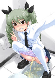 10s 1girl anchovy_(girls_und_panzer) ass bathroom girls_und_panzer green_hair highres homare_(suzu_no_oka) panties panty_pull peeing pussy school_uniform solo squat_toilet squatting twintails uncensored underwear v rating:Explicit score:40 user:Chikita