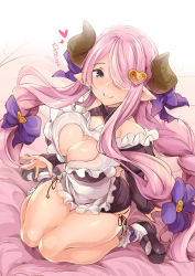 1girl apron black_sweater blue_eyes blush bobby_socks bow braid breasts cleavage cleavage_cutout clothing_cutout commentary_request draph granblue_fantasy hair_bow hair_ornament hair_over_one_eye heart heart_cutout heart_hair_ornament highres horns large_breasts long_hair long_sleeves looking_at_viewer narmaya_(granblue_fantasy) narmaya_(valentine)_(granblue_fantasy) panties pink_hair pointy_ears purple_bow ribbed_sweater side-tie_panties sitting smile socks solo sweater thighs thomasz translated underwear wariza white_socks  rating:Sensitive score:18 user:danbooru