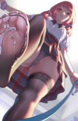  1girl black_panties blurry blurry_background blush bow bowtie brown_thighhighs commentary_request cum cum_on_body cum_on_feet depth_of_field feet femdom foot_focus foreshortening from_below highres holding holding_leash leash looking_at_viewer miniskirt mole no_shoes original panties partially_visible_vulva pink_eyes pink_hair plaid plaid_skirt pleated_skirt pov revision school_uniform see-through shirt short_sleeves skindentation skirt smoke_(flyx21) soles solo standing standing_on_one_leg thighhighs thighs toenails toes underwear upskirt viewer_on_leash white_shirt 