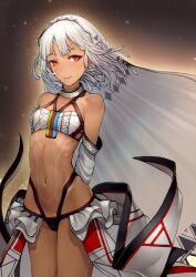  1girl altera_(fate) arms_behind_back bare_shoulders body_markings breasts brown_background dark-skinned_female dark_skin detached_sleeves fate_(series) gradient_background kyoeiki light_blush navel red_eyes skirt small_breasts smile veil white_hair 