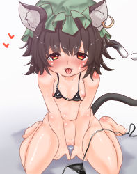 1girl animal_ear_fluff animal_ears blush bottomless breasts brown_eyes brown_hair cat_ears cat_tail chen cleft_of_venus earrings fangs feet hat highres jewelry loli looking_at_viewer mob_cap multiple_tails nekomata nipple_slip nipples pussy short_hair simple_background single_earring sitting small_breasts solo tail tongue tongue_out touhou two_tails unimamo wariza white_background rating:Explicit score:35 user:danbooru