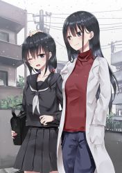  2girls bag black_eyes black_hair black_sailor_collar black_serafuku black_shirt black_skirt blue_pants blush breasts building bush closed_mouth coat collarbone commentary_request cowboy_shot day duffel_bag grey_sky hair_between_eyes hair_ornament hair_over_shoulder hand_in_pocket hand_up headpat height_difference highres holding holding_bag lab_coat long_coat long_hair long_sleeves looking_at_another looking_at_viewer miniskirt multiple_girls neckerchief one_eye_closed open_clothes open_coat open_mouth original outdoors pants piripun pleated_skirt power_lines railing red_shirt sailor_collar school_bag school_uniform serafuku shirt siblings side-by-side sidelocks sisters skirt sky small_breasts smile snowing standing turtleneck white_coat white_neckerchief window wing_collar  rating:General score:7 user:danbooru