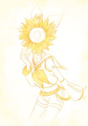  1girl bare_shoulders belt belt_buckle bow buckle crop_top detached_sleeves eob faceless flower hair_bow highres kagamine_rin midriff monochrome navel neckerchief number_tattoo sailor_collar sailor_shirt shirt shorts shoulder_tattoo sleeveless sleeveless_shirt solo sunflower tattoo treble_clef vocaloid yellow_belt yellow_nails yellow_neckerchief yellow_theme 