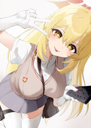  1girl :p artistic_error bag between_breasts blonde_hair blue_archive breasts brown_sweater_vest collared_shirt commentary controller elbow_gloves emblem gloves green_tea_(greente43670136) grey_skirt halo handbag highres holding holding_remote_control large_breasts leaning_forward long_hair looking_at_viewer miniskirt pink_halo pleated_skirt remote_control school_emblem school_uniform shirt shokuhou_misaki short_sleeves skirt smile solo spider_web_print star-shaped_pupils star_(symbol) star_halo strap_between_breasts summer_uniform sweater_vest symbol-shaped_pupils thigh_gap thighhighs toaru_kagaku_no_railgun toaru_majutsu_no_index tokiwadai_school_uniform tongue tongue_out v white_gloves white_shirt white_thighhighs yellow_eyes 